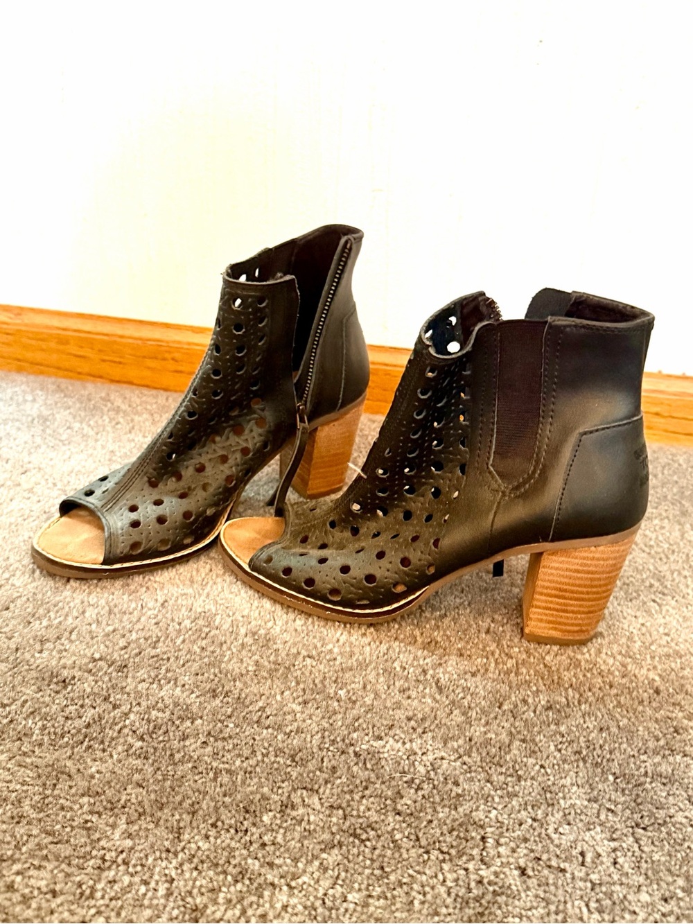 Toms Black Perforated Open-Toe Stacked Heel Ankle Boots